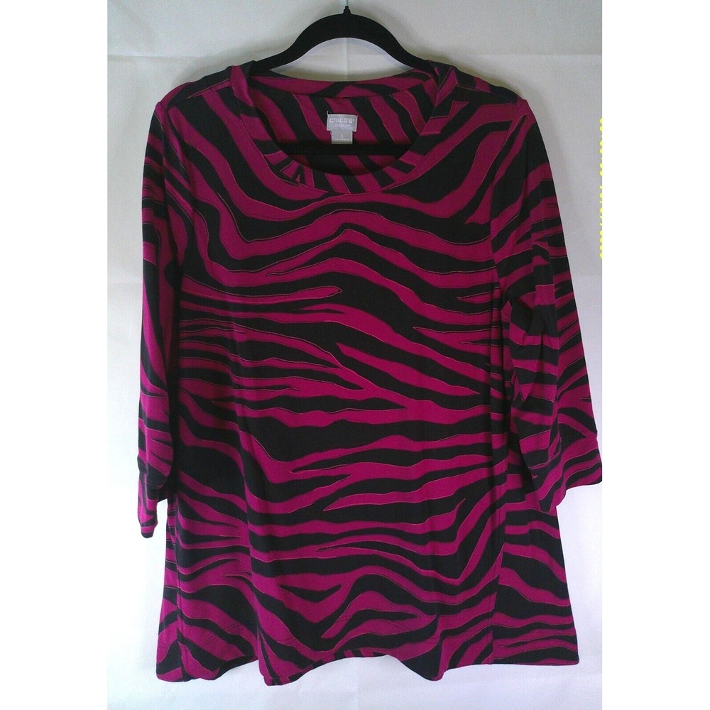 Chico's Zenergy Fuchsia/Black French Terry 3/4 Sleeve Tunic Top Womens Size 3